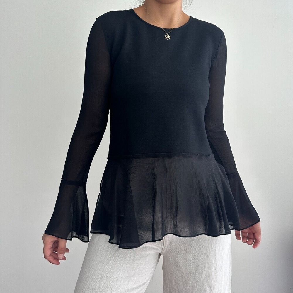 Theory Black Sheer Ruffle Peplum Blouse